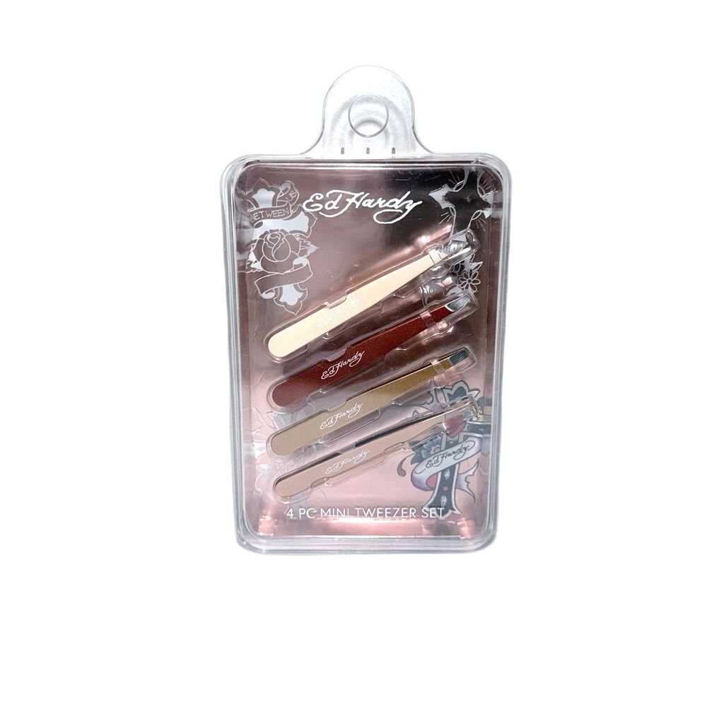 Ed Hardy 4 Piece Mini Tweezer Set. Angled, Slanted, Flat & Pointed Tip NWT